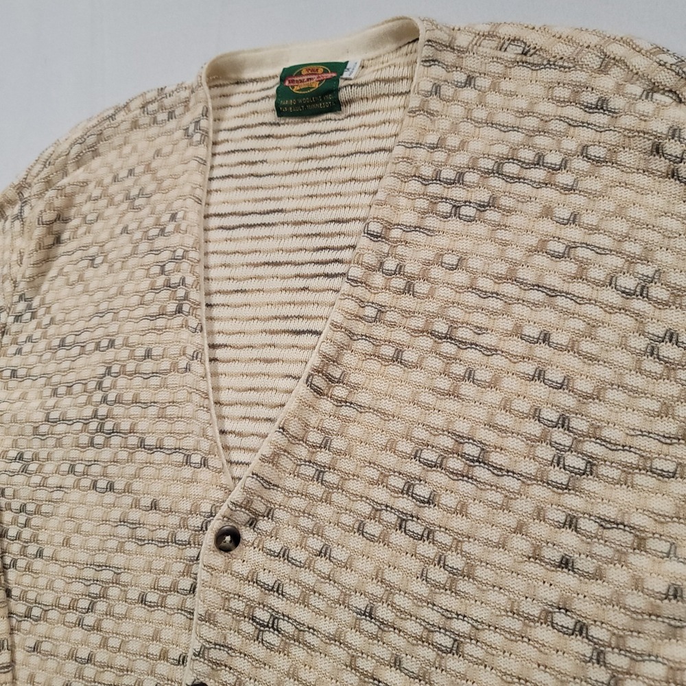 VTG Woolen Mill Cardigan Sweater Mens M Beige Textured Knit Button Front Faribo